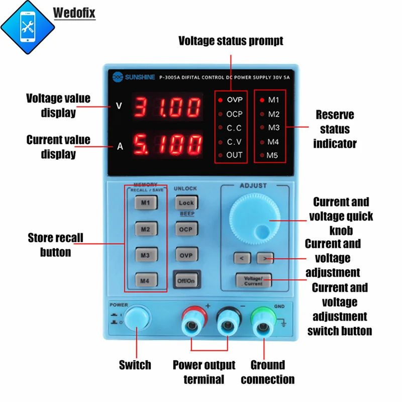 Sunshine P-3005A 30V 5A DC Stabilized Power Supply Adjustable Voltage Regulated Digital Display Power for Phone Repair