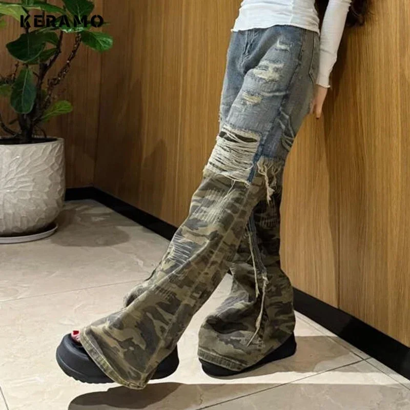 2024 Winter Sexy Vintage Ripped Camouflage Jeans Y2K Hollow Out Wide Leg Trashy Pants Women's Harajuku Loose Fit Denim Trouser