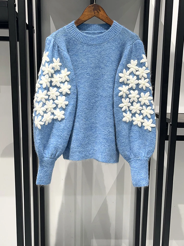 

Faionable Knitted 3D Flower Hollow out Sve Color round Ne Pullover Women's Sweater Autumn Winter New Arrival