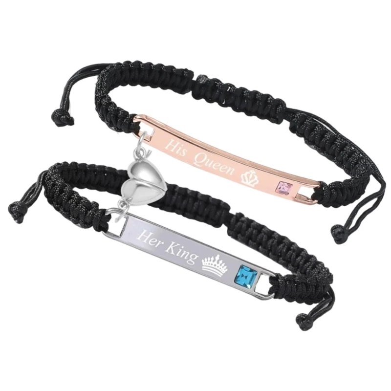 Two-Bracelet Set with Stainless Steel Textured Braided Cord, Shared Heart Charm, and Adjustable Closures
