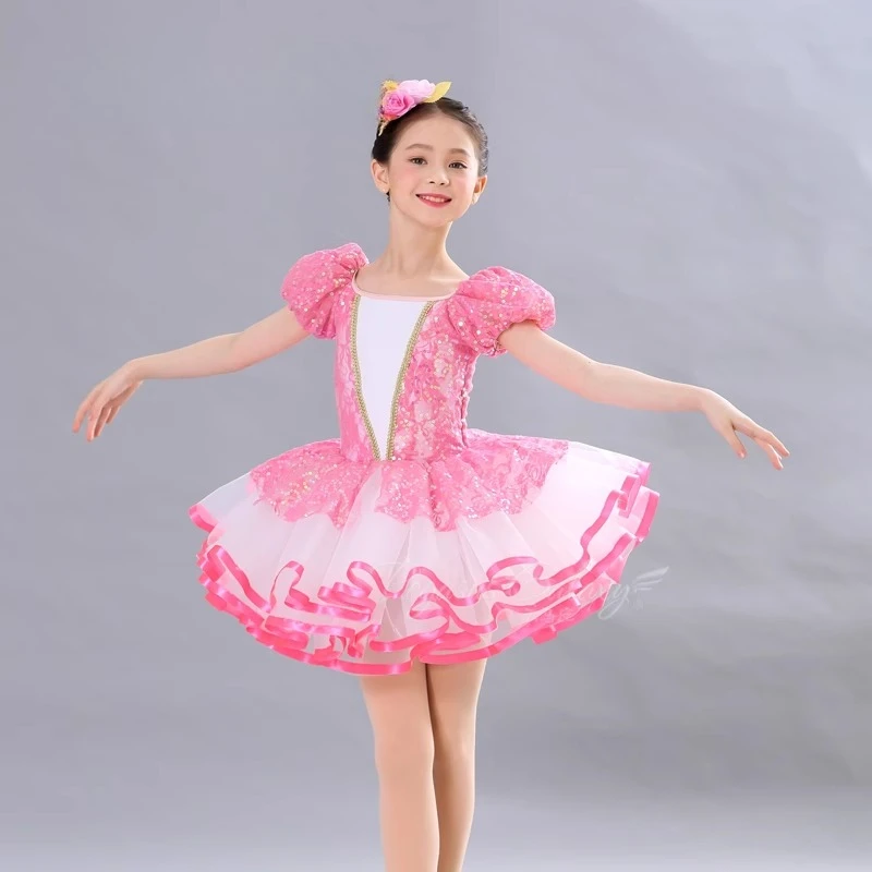

Girl Ballet Tutu Dress Sequined Stage Performance Dancewear Short-sleeve or Long-sleeve Stage Shows Dresses Children Dance Wear
