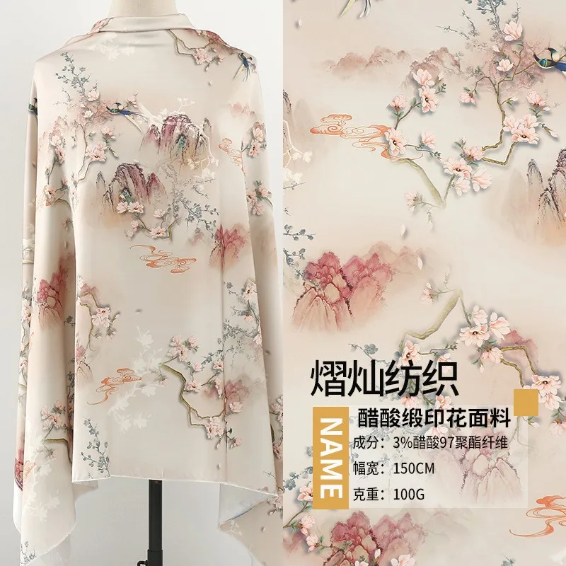 アセテートサテンプリント生地チャイナドレス漢服ドレスマウンテン