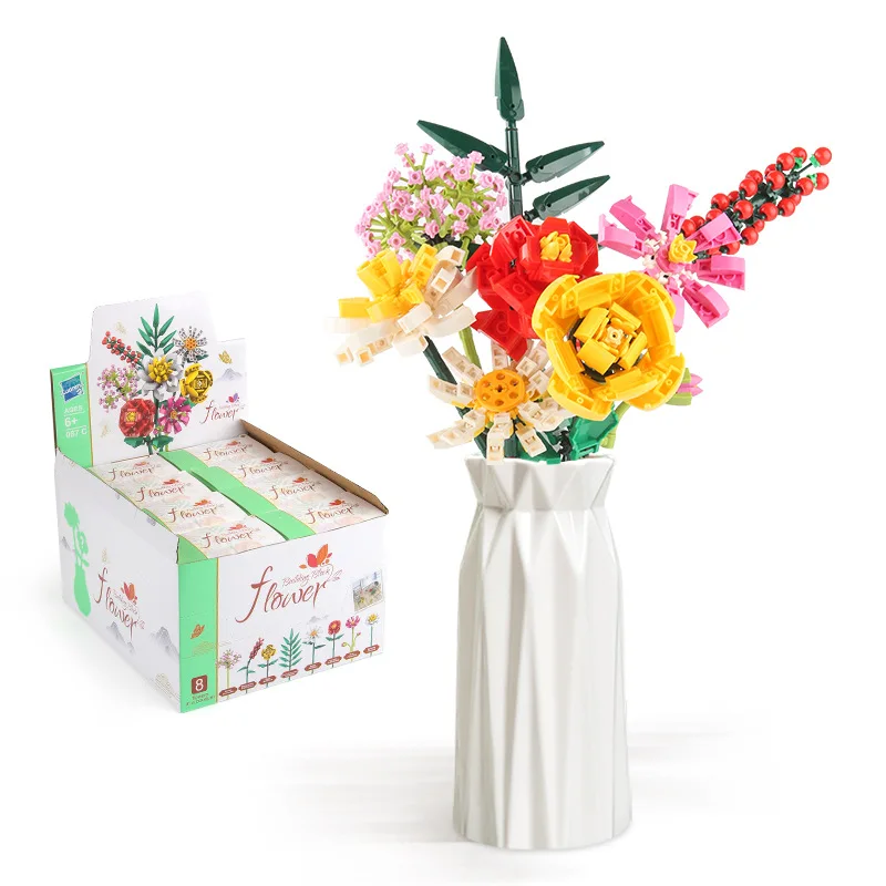 Bouwsteenboeket Creatieve DIY kleine deeltjes bouwstenen om binnenhuis desktop decoraties rozen meisjes geschenken te monteren