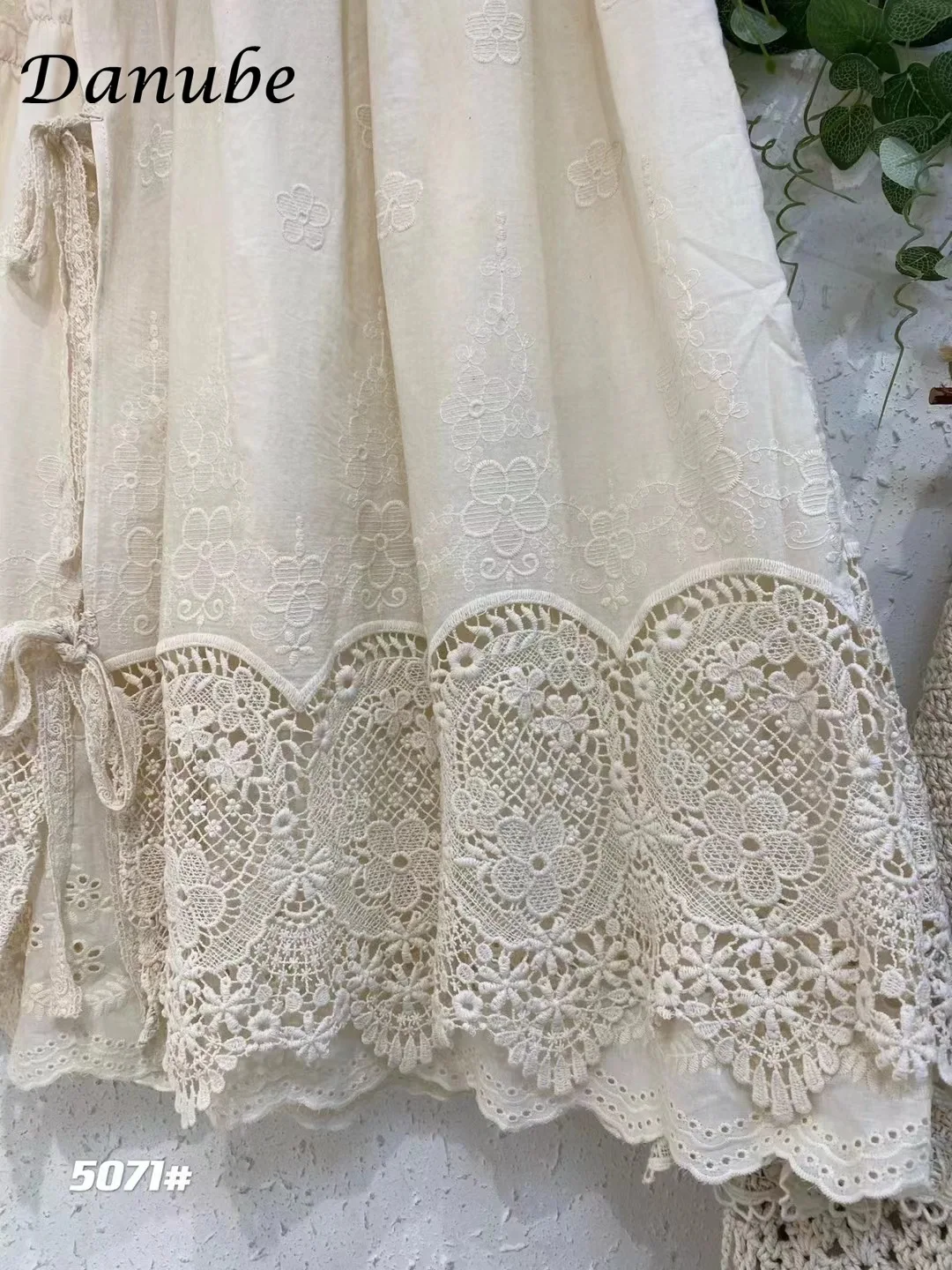 Vintage Hollow Out Cotton Linen Skirt Women Mori Girl Embroidery Lace Patchwork High Waist A-line Pleated Long Skirt falda mujer