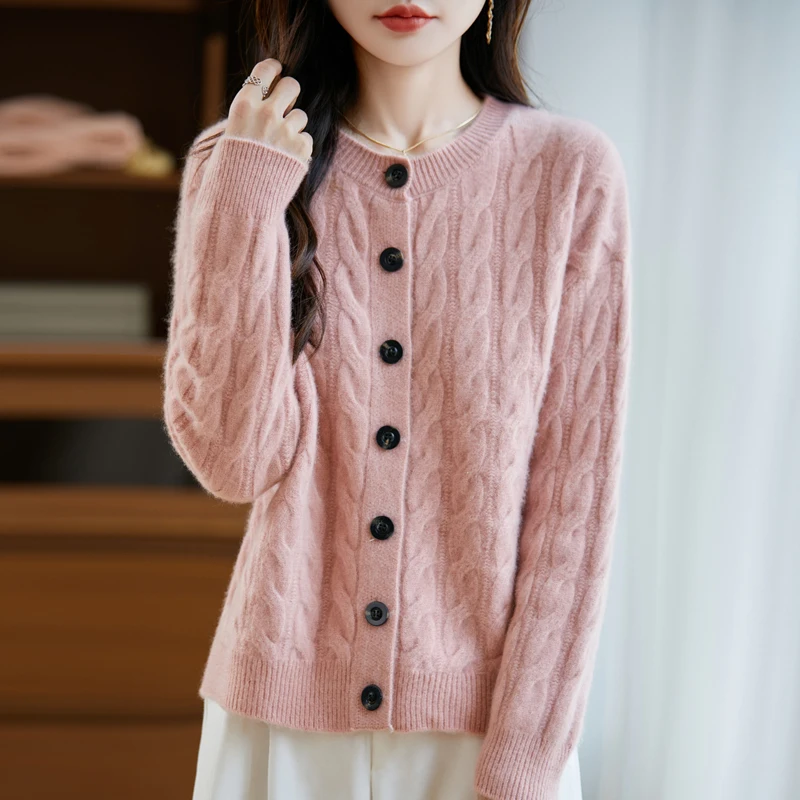 Женский кардиган из 100% шерсти, утолщенный, с круглым вырезом, массивный, вязаный, теплый и стильный, с высококачественной текстурой