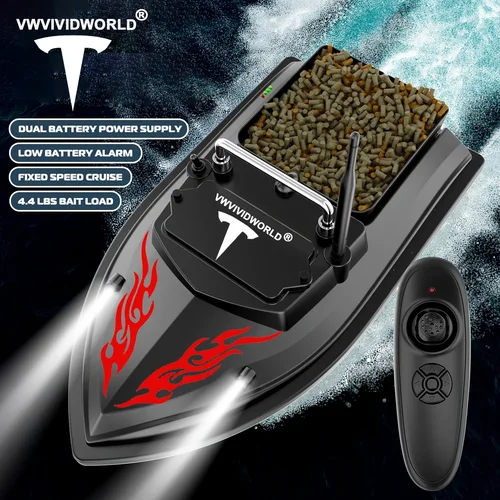 VWVIVIDWORLD 브랜드 RC 낚시 미끼 보트, 500m 리모컨, 2kg 적재, 고정 속도 크루즈, 방수, 고속, 4 야간 조명
