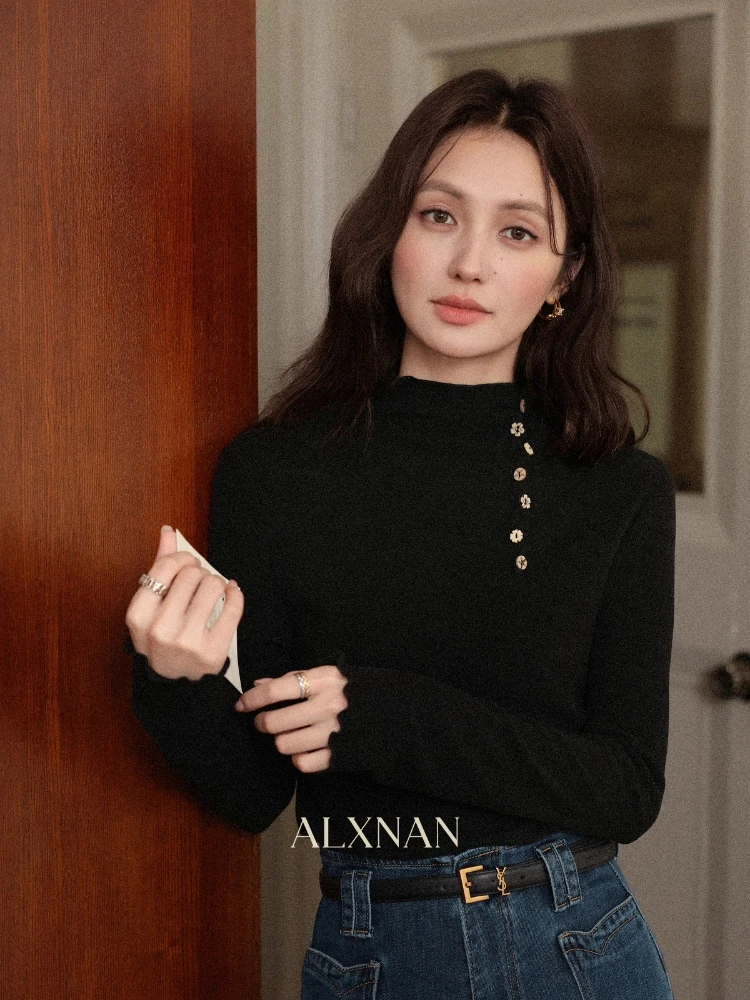 ALXNAN Women's Long-sleeve T-Shirt 2025 New Autumn Inner Lining Turtleneck Button Decoration Slim Versatile Pullover L57528-1