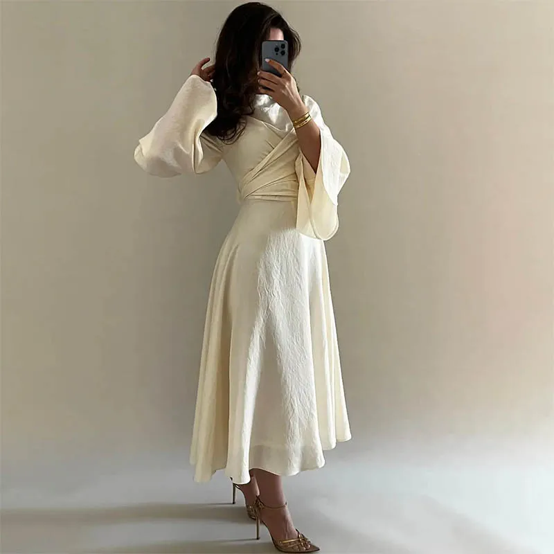 Personalizado simples sólido uma linha manga longa o pescoço festa de formatura vestidos tornozelo personalizado plissado arábia saudita ocasião especial vestido 2025