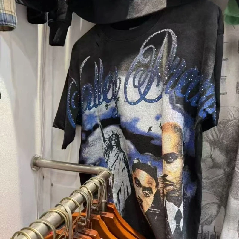 

Hot Drill Letters VALLEY Black Shirts Men Women 1:1 Best Quality Black People Print Vale T-shirts