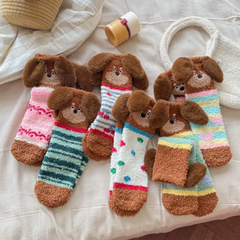 Calcetines para dormir con orejas de perro en 3D de dibujos animados, calcetines de lana Coral, calcetines informales para mujer, calcetines gruesos para el suelo, calcetines divertidos y esponjosos