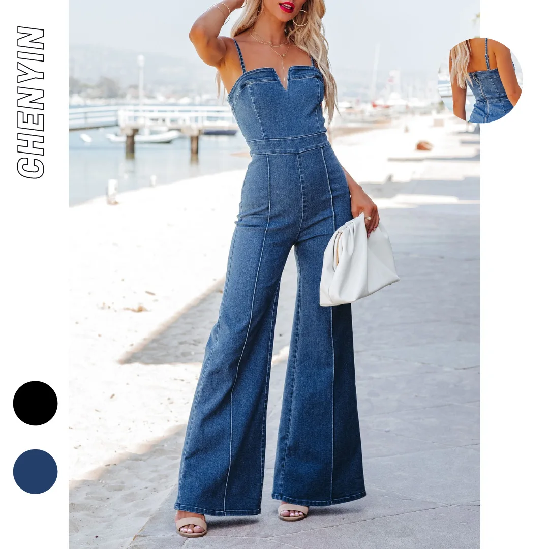 

Women's Cowboy Spaghetti Strap Jumpsuits Washed Denim Sexy Slim V-neck High Waist Flare Jumpsuit Streetwear Summer Female Outfit