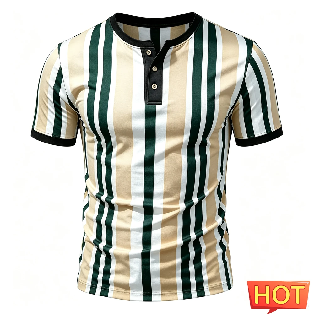 Funny Stripe Print Men's Henry Shirt Summer Casual Simple Button Tops Fashion Henry Collar Short Sleeve Tee Hip Hop Men Clothing view 4