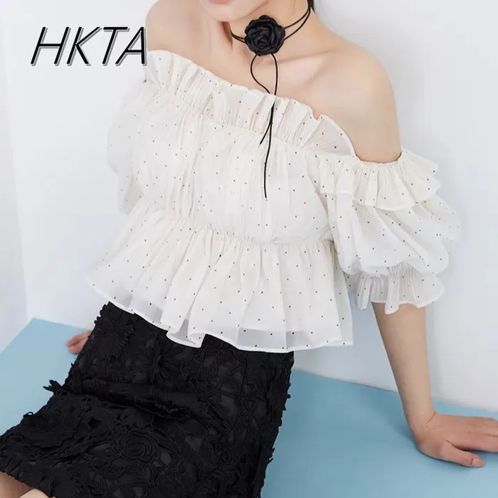 

Japanese S Pure Desire Wind Breast Wrap Fairy Shirt Sweet and Elegant Lotus Leaf Edge Dot Bubble Short Sleeve T Shirt Top Women