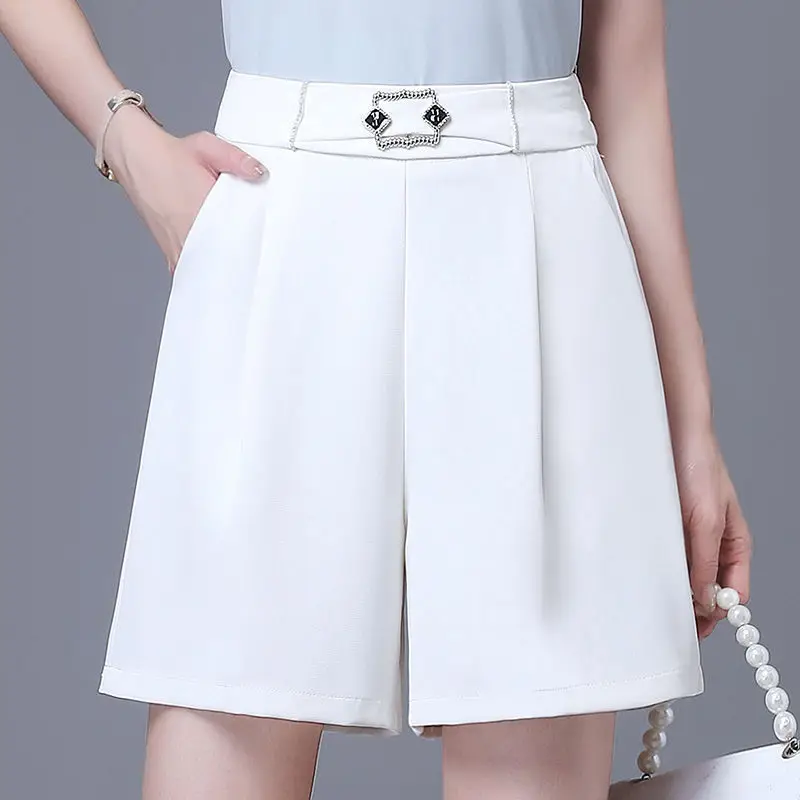 Lato nowe kobiety jednolity kolor cienkie elastyczny, wysoki talia jasna linia dekoracji kieszeń Rucheda na co dzień prosta szeroka nogawki garnitur szorty