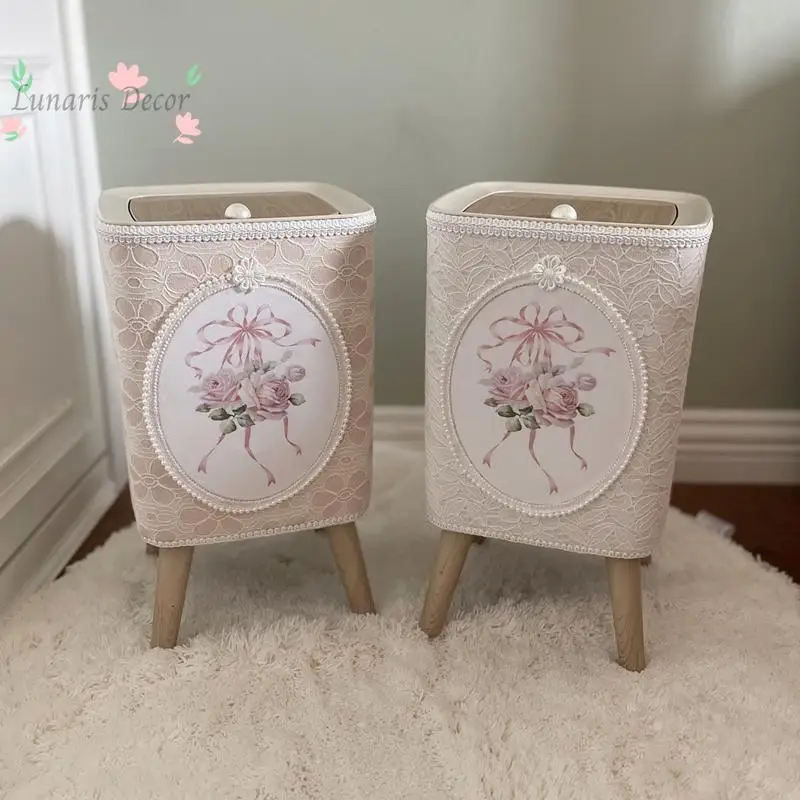 Lace square trash bin, press-type lidded storage bin, high-legged floor-standing waste basket miscellaneous storage box