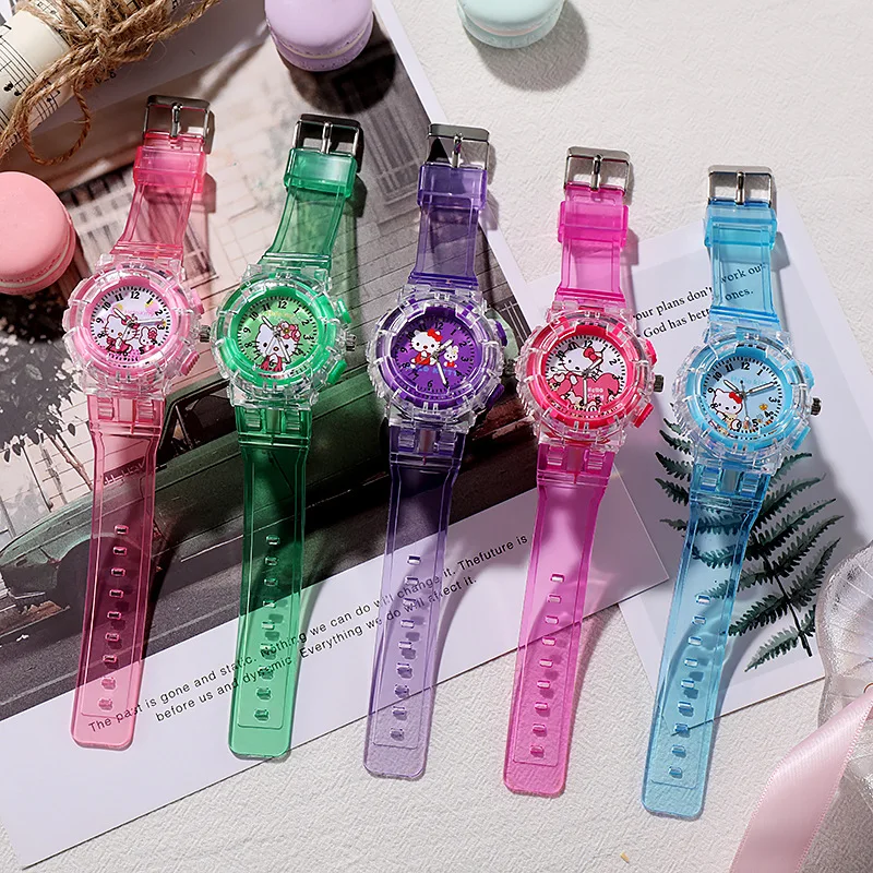 Sanrio Hello Kitty Watch Pattern Led Glowing Flash Children Watches Toys Fashion Quartz Wristwatch Christmas Gifts For Kids