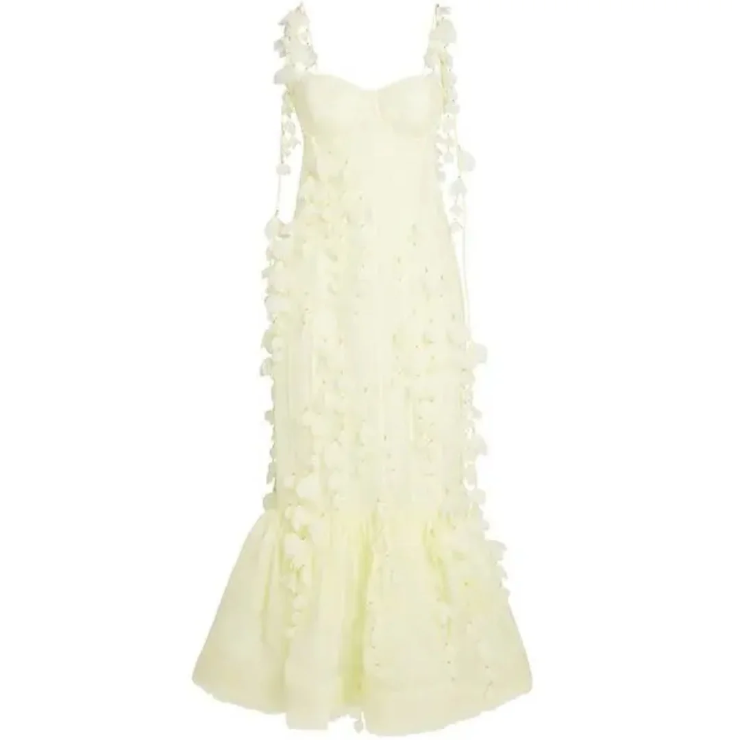 อแมนดา ชุดราตรีสีเหลืองแบบสั่งตัด ทรงเมอร์เมด ประดับดอกไม้ สายเดี่ยว แบบเวสติโดส เดอ โนเช่ เปิดหลัง ยาวระดับข้อเท้า สำหรับงานเลี้ยงอย่างเป็นทางการ ปี 2025