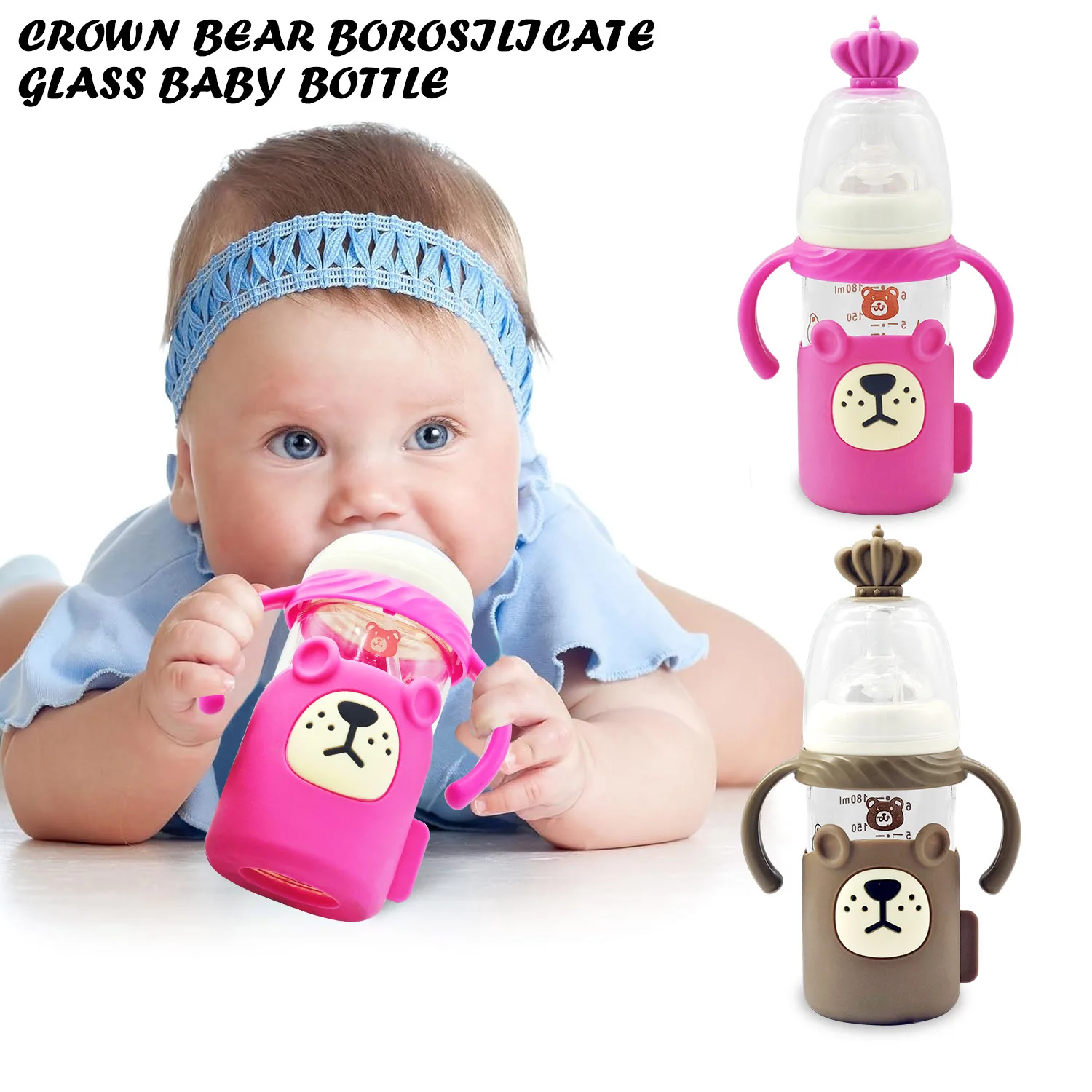 

Cute cartoon bear anti-scalding glass baby bottle, silicone cup holder to protect your baby's hands, wear-resistant