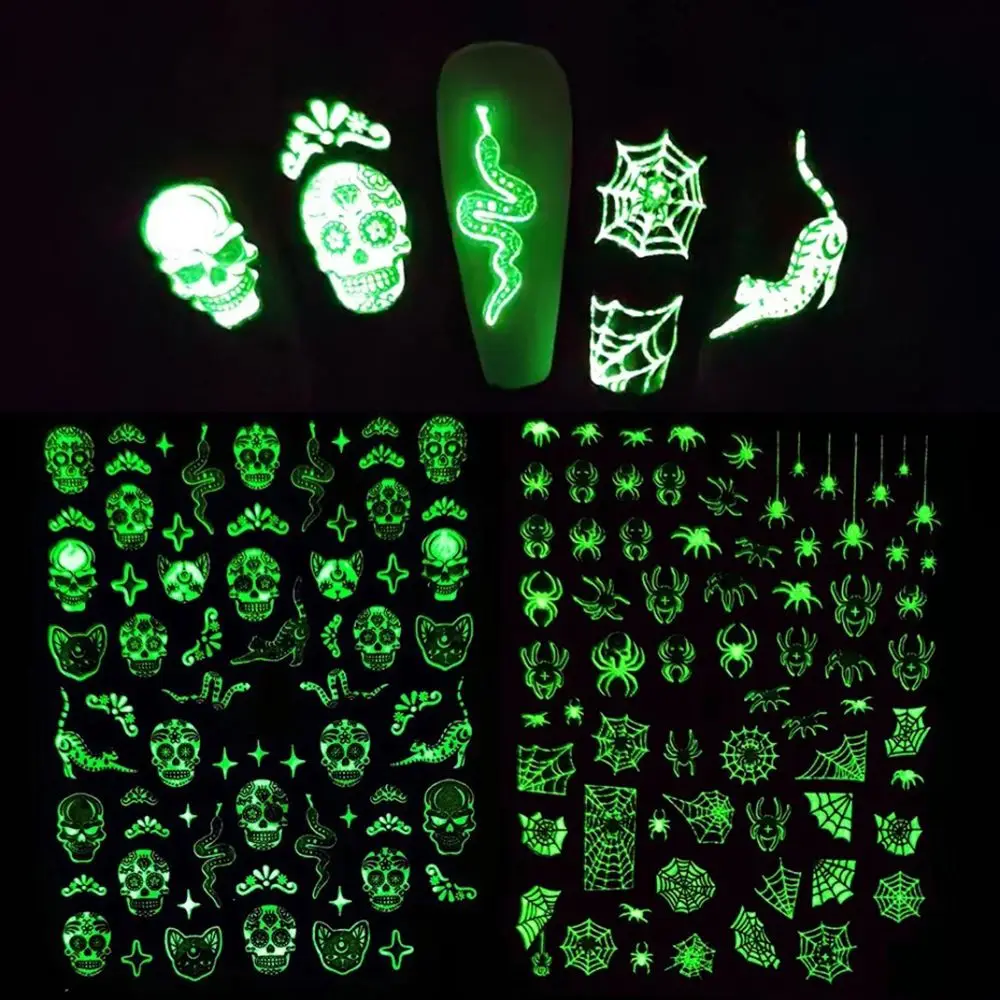 3D Glow In The Dark Stickers Halloween Nails Luminous Spider Web Sliders Skull Pumpkin Nail Design Manicure Decorations