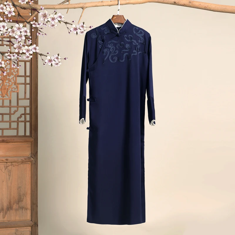 الصينية التطريز Crosstalk سترة البدلة التقليدية تانغ دعوى الوقوف طوق الضفدع زر الذكور رداء قميص #5