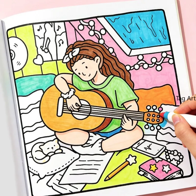 A Healing Girl's Daily Scene Coloring Book, Garden/Beach/Skiing/Home/Coffee Shop/Four Season Life Scene, 24 Page Drawing Pattern