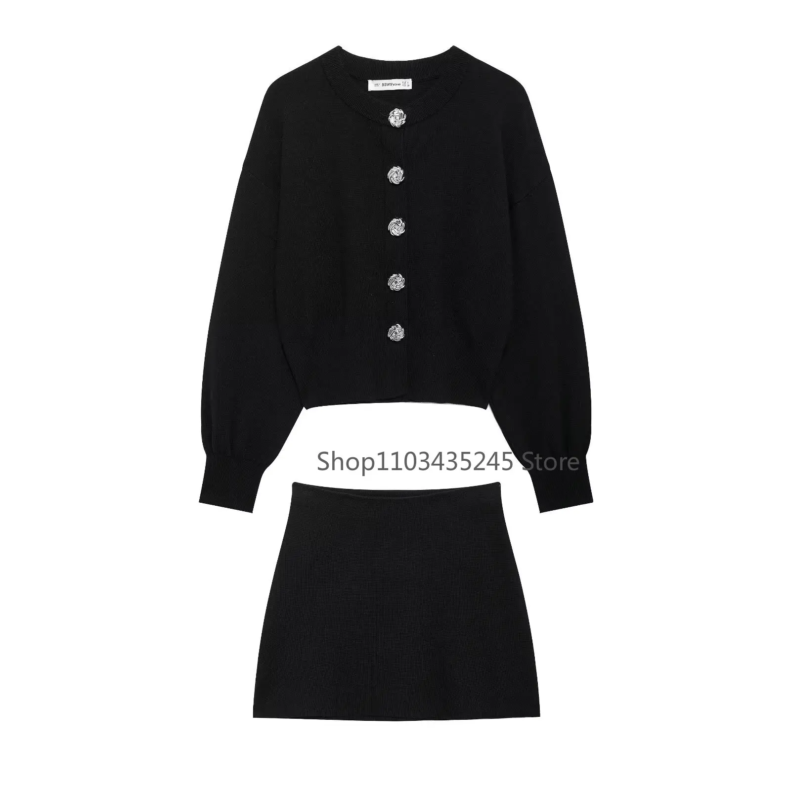 Women's Slim Fit 2 Piece Set Retro Black Knitted Sweater Jacket + Fashion High Waist Women's Casual Mini Skirt Streetwear 2025