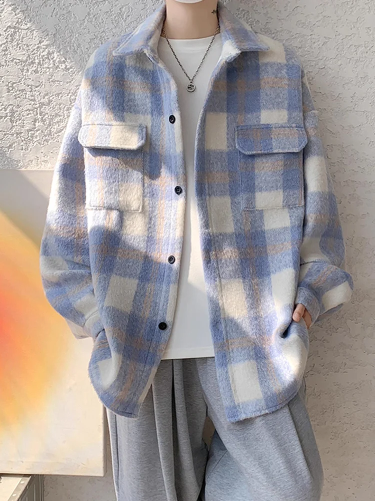 

Синяя клетчатая шерстяная куртка для мужчин, осенняя свободная верхняя одежда для пар, модная повседневная молодежная рабочая одежда из полиэфирного волокна