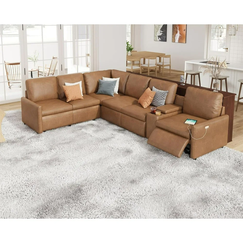 Reclining Sectional Sofa, Power Recliner With Console& Single Right Recliner, 6 Seats L Shaped Couch, Leather Modular Couch