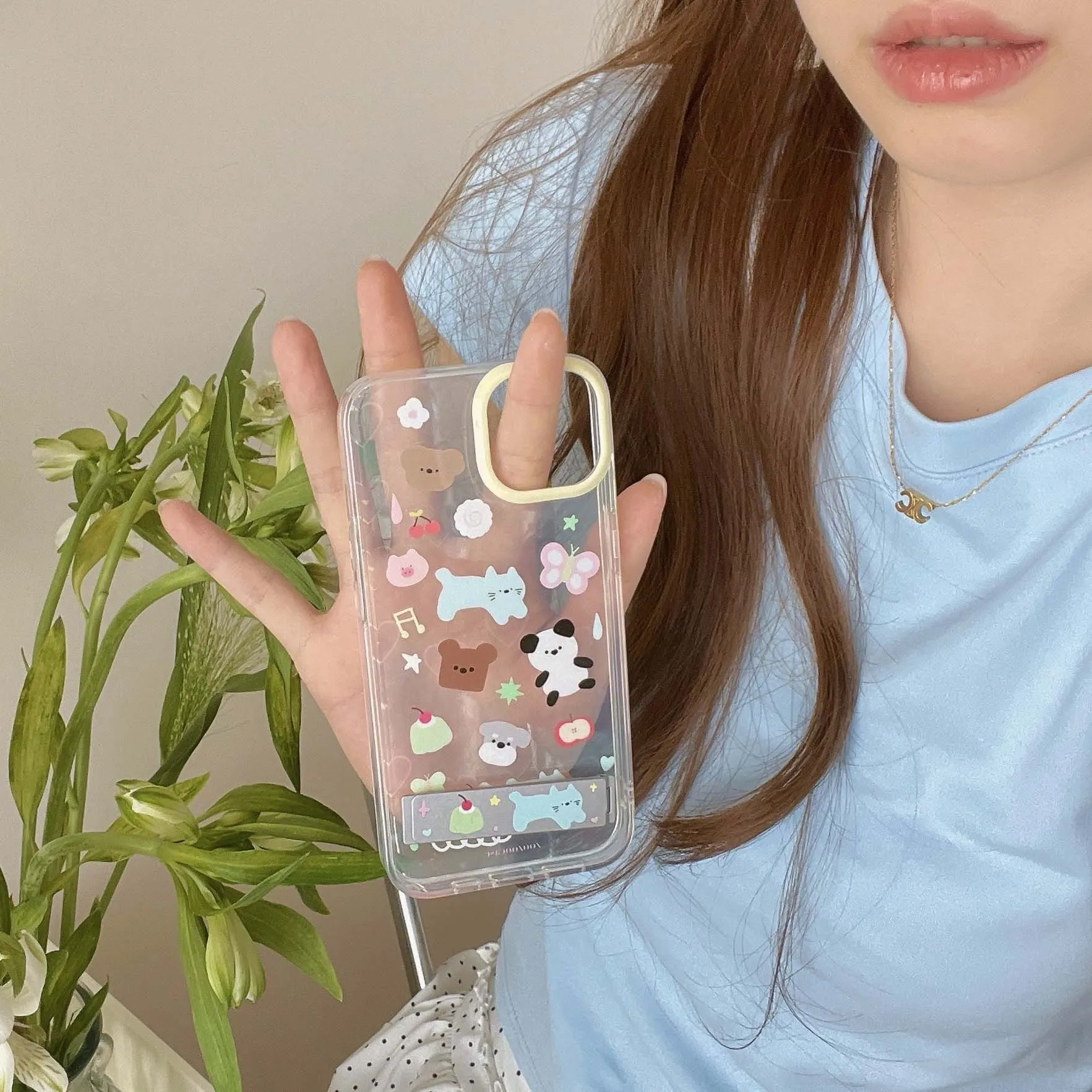 Laser love heart phone case for iphone 13pro 15 13 pro max 15pro 14promax 12 transparent cartoon animals bracket chain cover