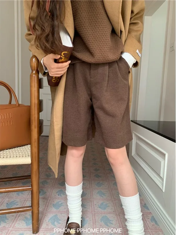 Casual High Waist Wide Leg Suit Pants Wool Blend Five-Point Shorts Youthful Feeling Women's Winter Trousers Straight Cut Pants
