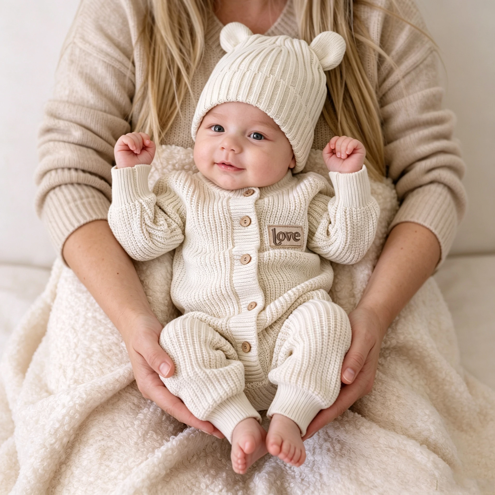 Newborn Knit Romper with Bear Ear Hat Set Long Sleeve Soft Stretchy Sweater Onesie Embroidery Outfit for Baby Boys Girls DailHD