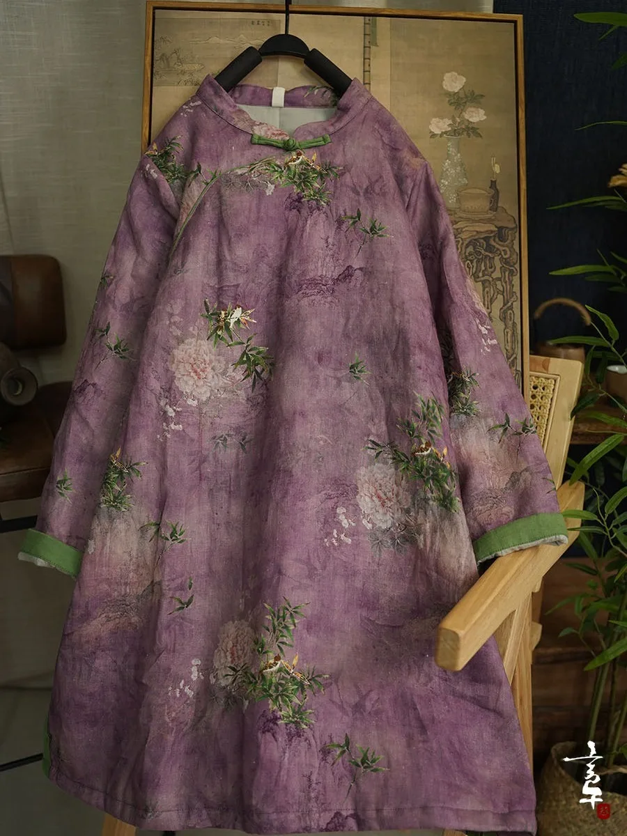 

Retro Chinese Purple Floral Print Silk Improved Dress Women's Long Cotton Filled Warmth Cotton Coat Robe