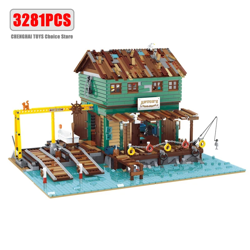 Creative Fisherman\'s Cabin Store Modular Building Blocks Brick Streetview Series City Architecture Model Sets Kid Toys Boys Gift