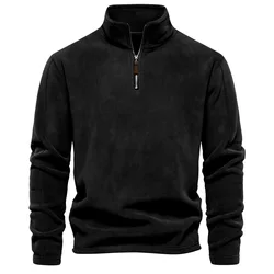 2024 New Winter Thicken Warm Fleece Hoodless Sweatshirt for Men Solid Color Stand Collar Zipper Neck Pullover Men's Sweatshirts
