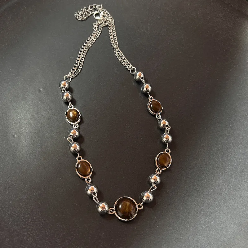 Vintage Leder Braun Stein Anhänger Halskette Stapeln Halsband Temperament Schlüsselbein Kette für Frauen Mädchen Herbst Winter Halskette – Detail 6