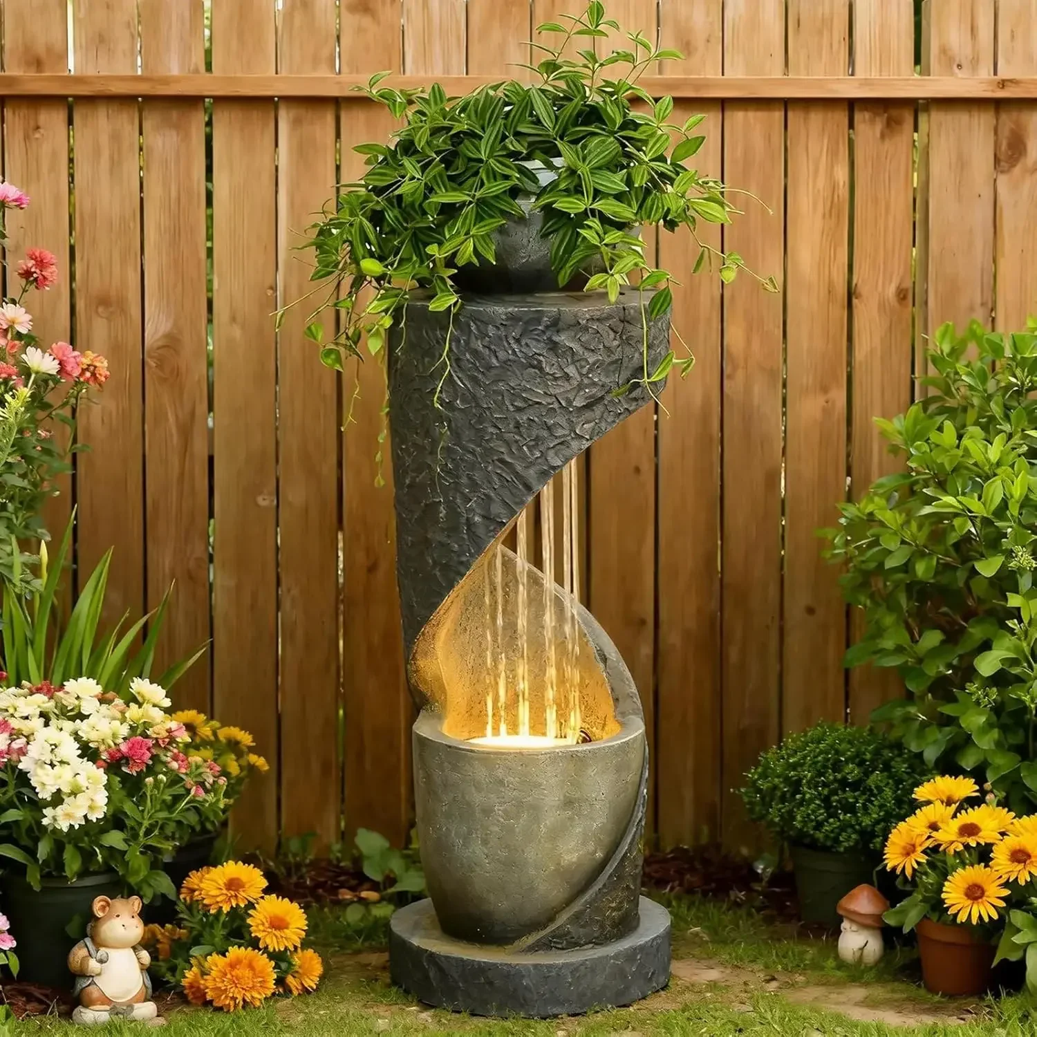 Outdoor Water Fountain with LED Light, Modern Spiral Tiered Outdoor Fountain with Stone Planter Curved Freestanding Waterfall Fo