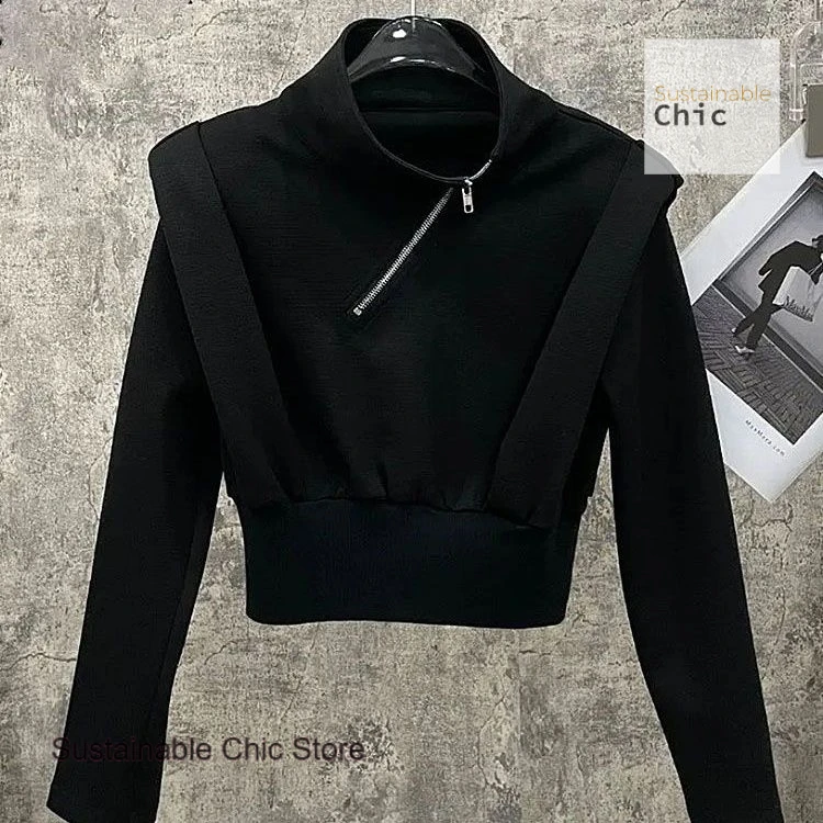 French style fashion design oblique half zipper sweater women's high-quality temperament short high waist long sleeve top