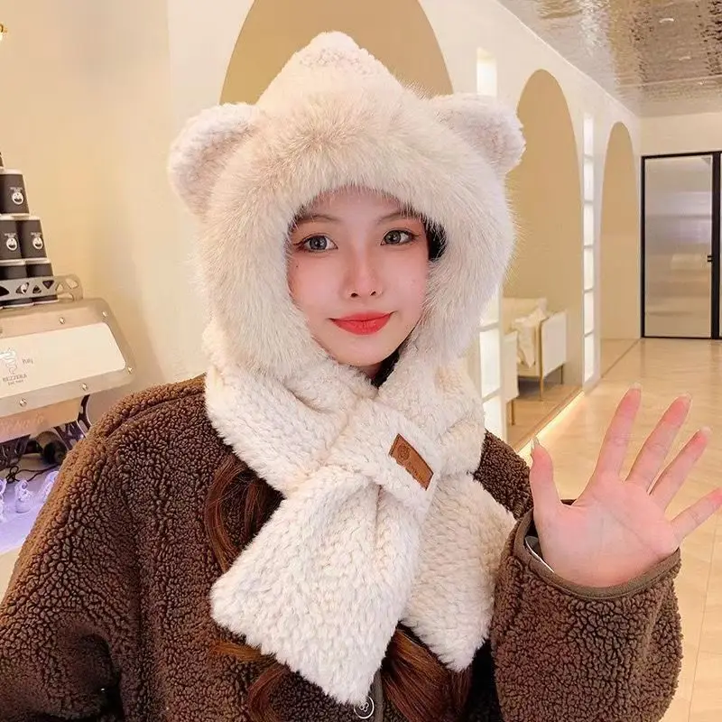 2024 New Winter Fox Ears Plush Hat Women's Scarf One Warm Plus Velvet Thick Bib Cold Two-piece Set Trendy Casual Beanie Hat