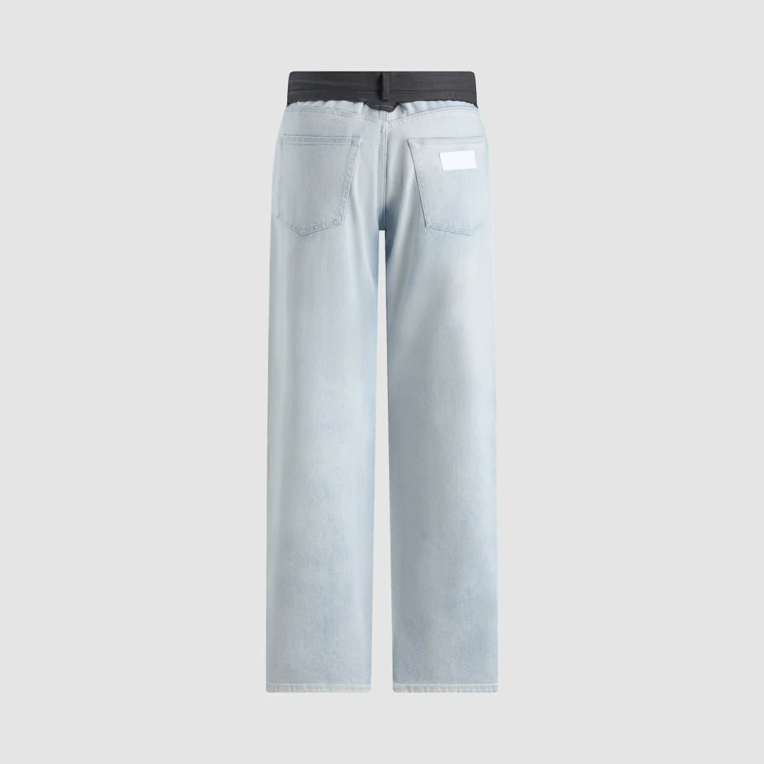 2026 Contrast Waistband Wide-Leg Jeans – Light Wash Denim Pants with Structured Black Belt Detail