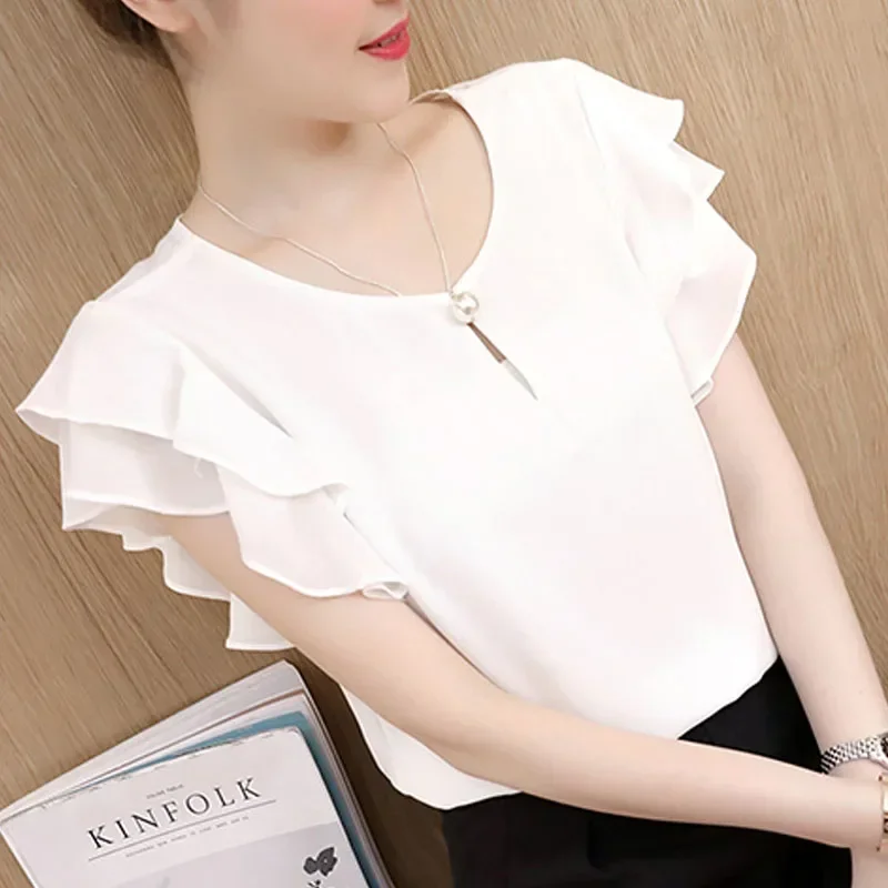 Summer Short Sleeve Blouse Shirt Women Tops Blusas Mujer De Moda 2024 Blouse Women O-Neck Chiffon Blouse Tops Women Shirts