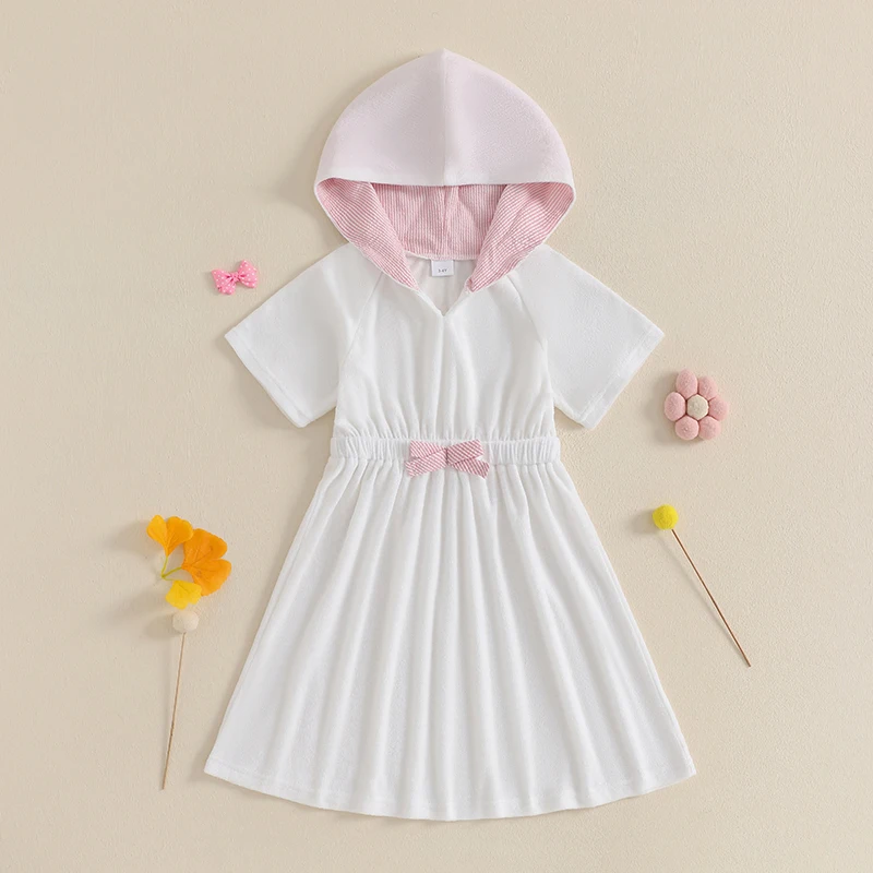 Little Girl Cover Up Dress 3D Bow Short Sleeve Hooded Beach Bathing Suit Towel Coverup Swimwear