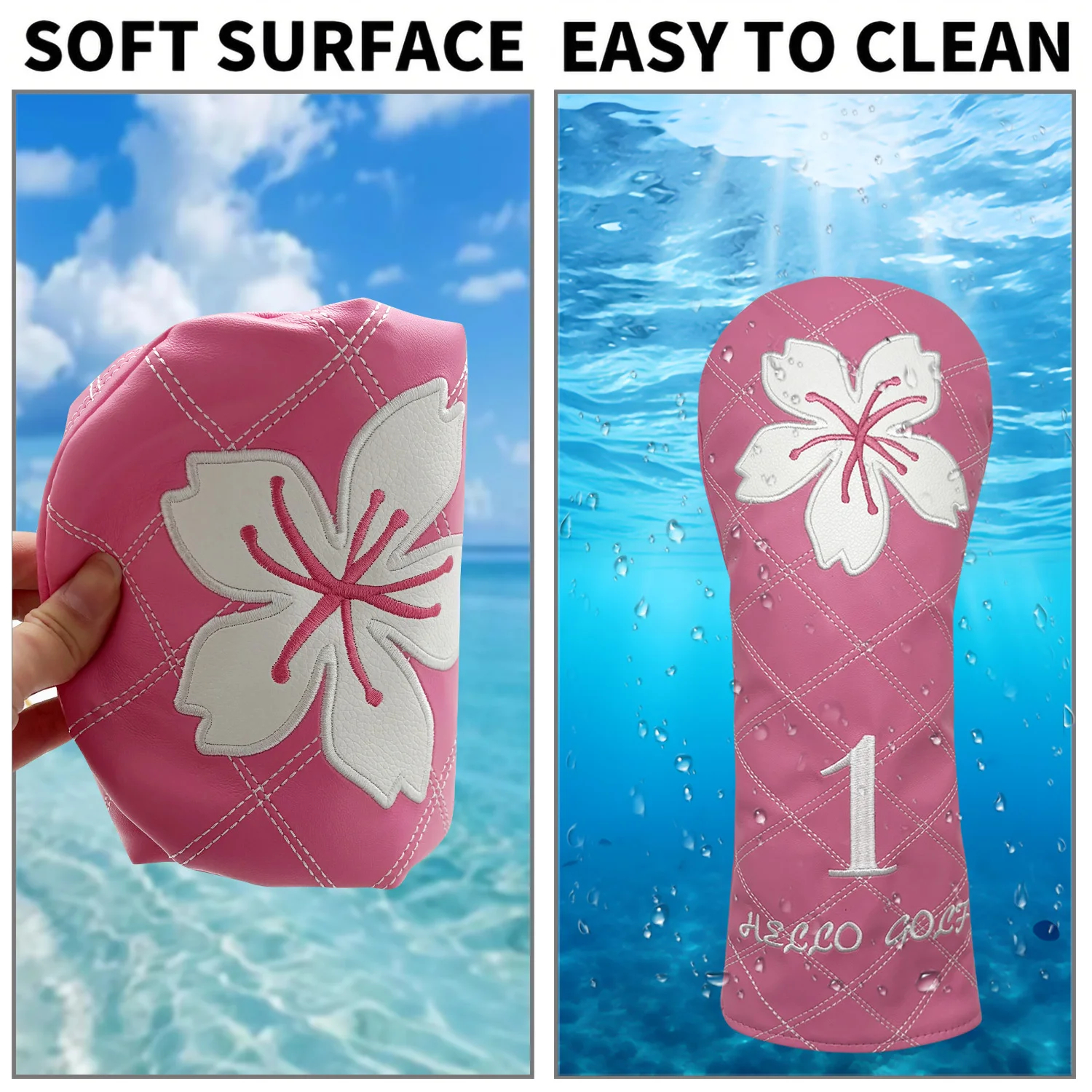 Golf Club Head Covers PU Leather Soft And Durable Protector Cover For Driver Fairway Hybrid  Cover Embroidery Sakura Pattern image 5