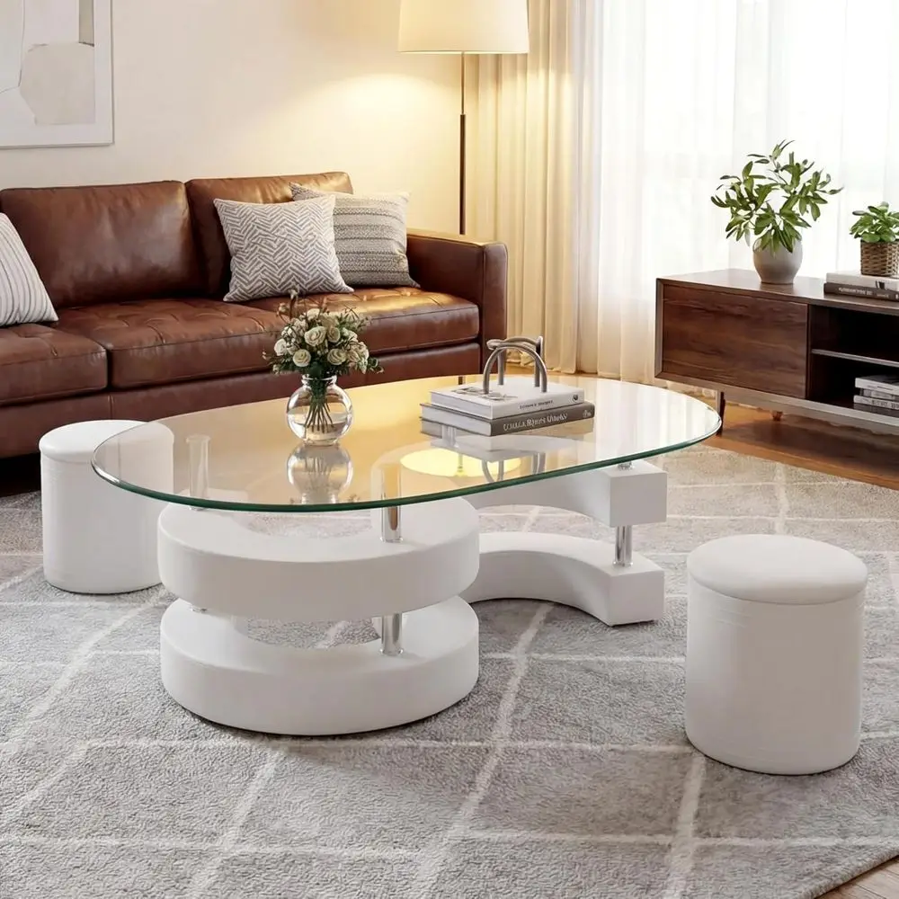 

3-Piece Oval Glass Coffee Table Set with S-Shape Base and Leather Stools, Ideal for Living Room or Bedroom, White, 49.21L x 27.5