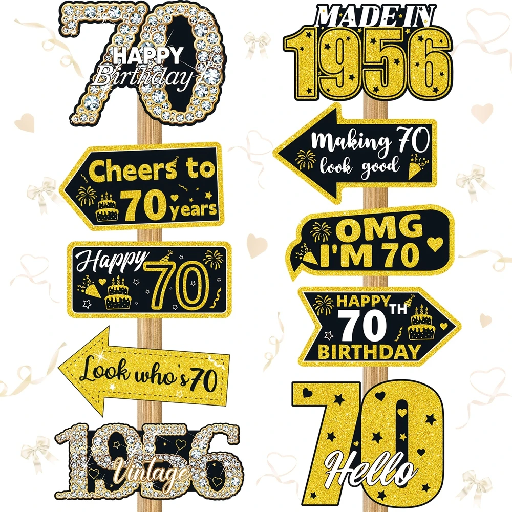 Set de 10 Piezas de Decoración para Cumpleaños Número 70, Accesorios para Fotomatón, Letreros de Papel Estilo Vintage en Negro y Dorado para Decoración de Fiestas de Cumpleaños Número 70