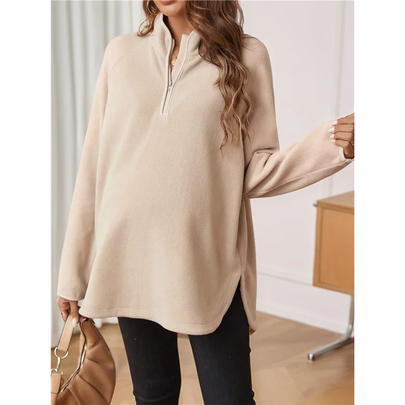 

【SEE】 Свободная рубашка с длинным рукавом для беременных, повседневный пуловер с высоким воротом и половиной молнии для беременных,