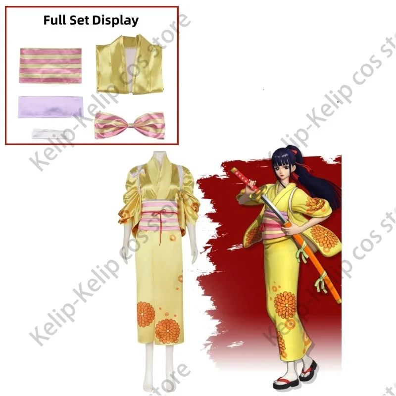 Anime Kikunojo O-Kiku Cosplay Costume Nine Red Scabbards Japanese Yellow Kimono Bathrobe Dress Woman Lovely Christmas Suit