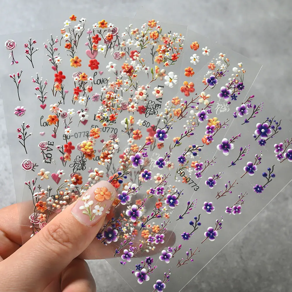 1/4PC 5D Embossed Spring Blossom Flower Nail Stickers Pink Orange Purple Petal Floral Nail Decal Adhesive Daisy Rose Nail Slider
