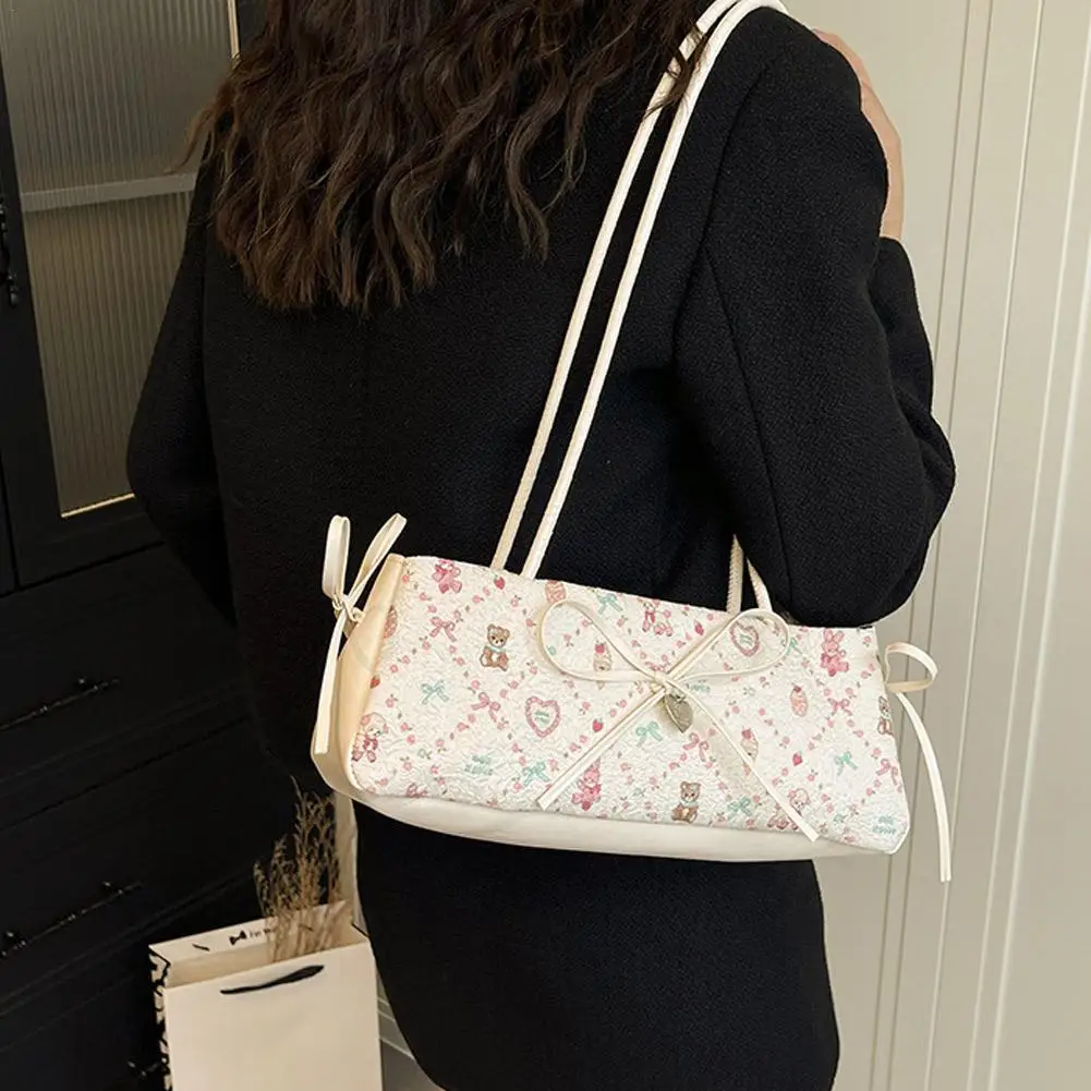 かわいいかわいいレディースバッグ甘いスタイルハイエンド脇の下バッグボウプリントバッグファッションシングルショルダーハンドバッグトレンディなかわいい小さなバッグ