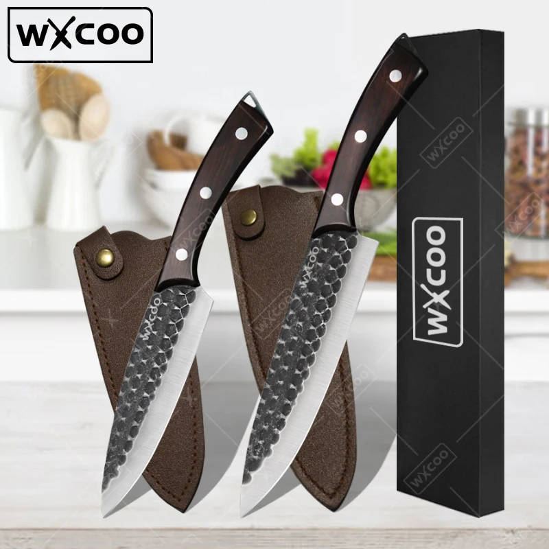 

WXCOO Stainless Steel Kitchen Knives 2pcs Utility Chef Knife Sharp Beef Meat Cleaver Forged Hammer Vegetable Cutter Fruit Peeler