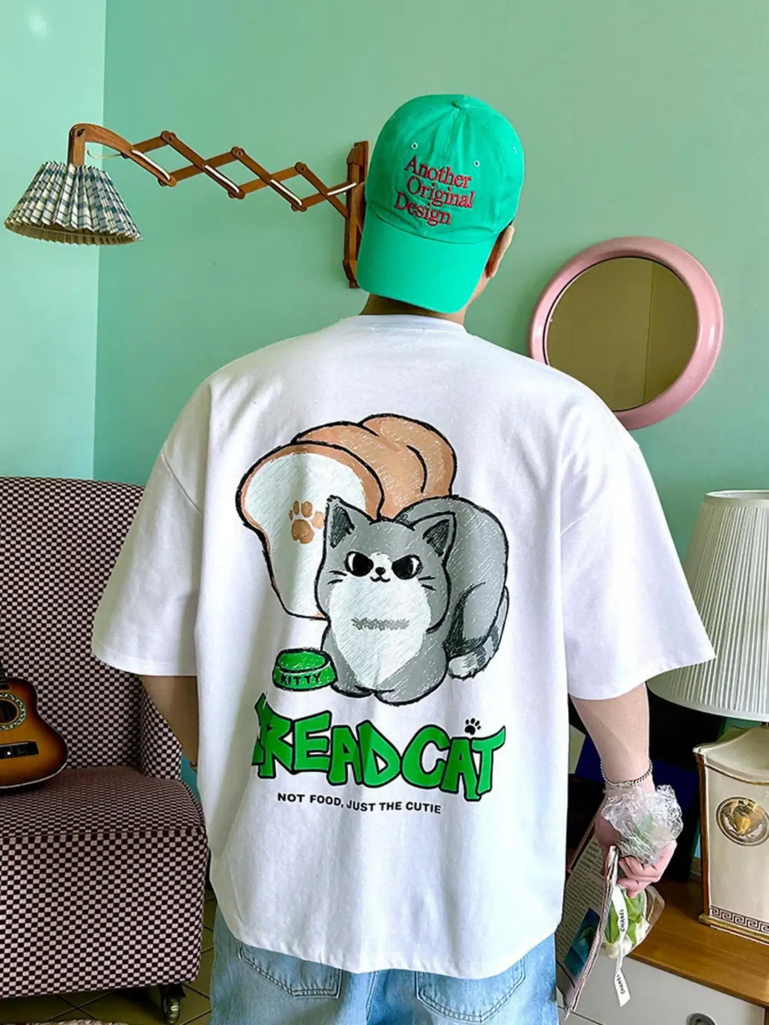 Oversized Men's Casual White Cotton Short Sleeve T-Shirt Cute Cartoon Cat Toast Print Daily Fashion Streetwear Top